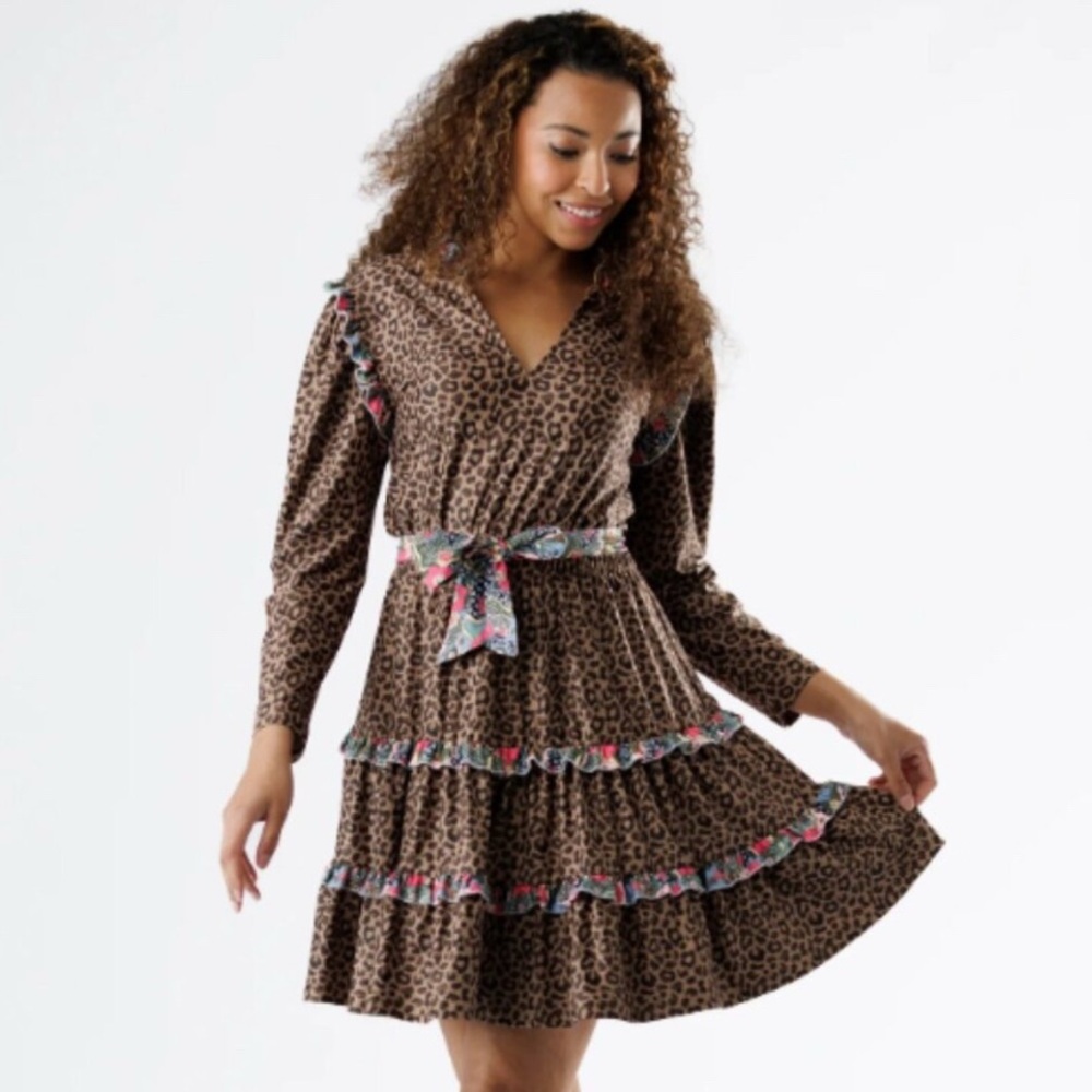 Smith & Quinn Rosemary Coffee Jungle Dress 4 Fall!Leopard tiered ruffle belt SM